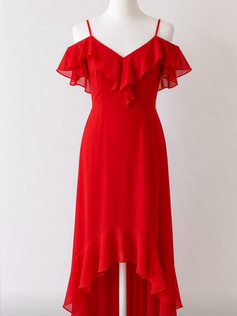 INC International Concepts Red Cold-Shoulder High-Low Ruffle Dress
